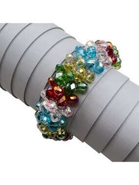 Multicolor Crystal Cluster Bracelet Magnetic Clasp Rainbow Beaded Statement 6.75